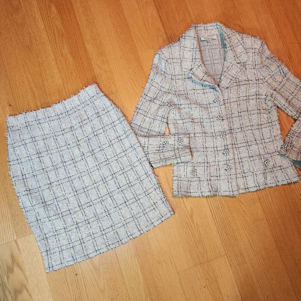 St John Wool Knit Light Gray Black Yellow Fringe Jacket Skirt Suit sz 10 8 Read